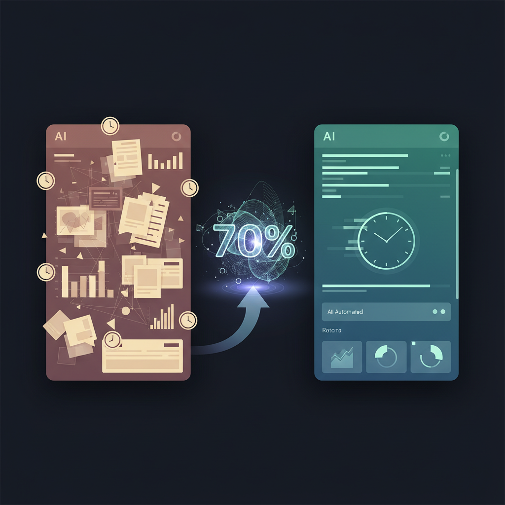A professional in a modern office looking at a holographic projection showing a complex workflow being streamlined by AI, highlighting strategic decision-making