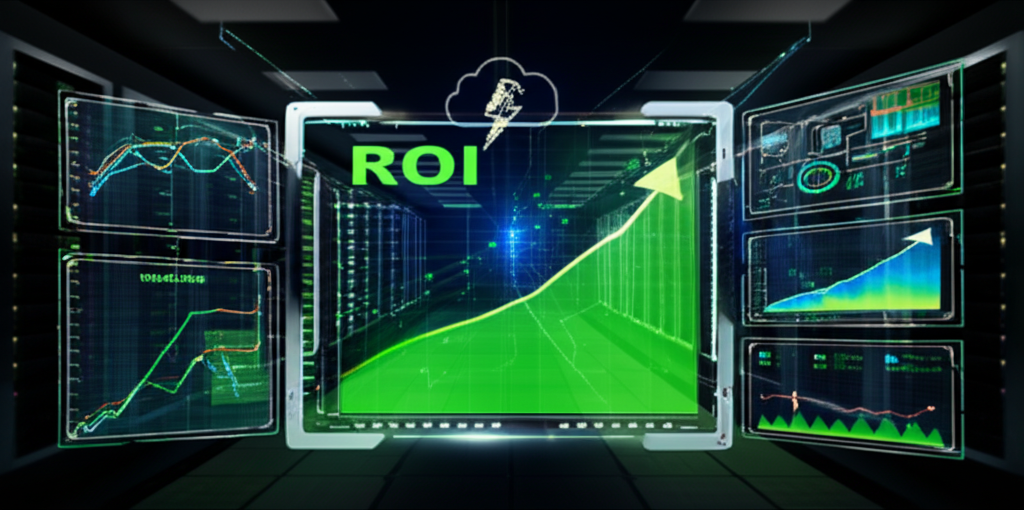 A dashboard showing key performance indicators (KPIs) and ROI metrics for AI resource optimization, including cost savings, performance improvements, and resource utilization rates.