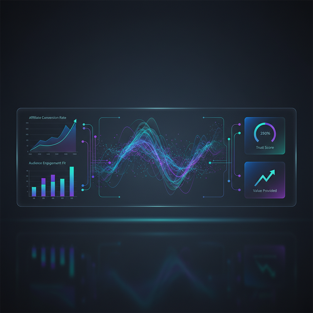 A visionary graphic showing AI analyzing data flows, predicting trends, and connecting users with highly relevant products, symbolizing the future of affiliate marketing.