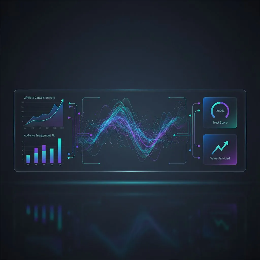 A visionary graphic showing AI analyzing data flows, predicting trends, and connecting users with highly relevant products, symbolizing the future of affiliate marketing.
