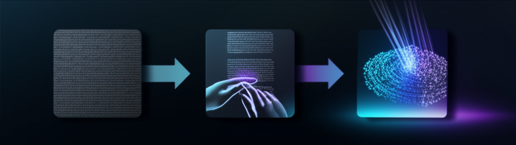 A visually striking infographic illustrating a crowded digital content landscape with generic AI content blending in, and a unique, sparkling piece of content standing out prominently.