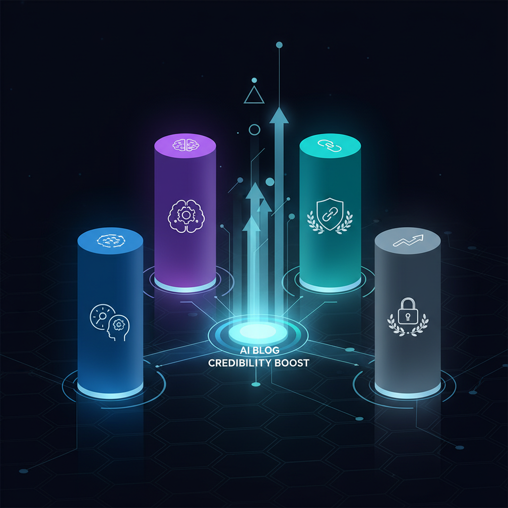 A person reviewing blog content on a laptop, surrounded by icons representing E-E-A-T elements like a graduation cap, badge, hand giving a thumbs-up, and a person's profile.