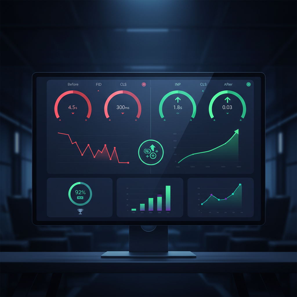 A speed gauge with "Core Web Vitals" label, showing green, yellow, and red zones, with a fast loading website in the green zone.