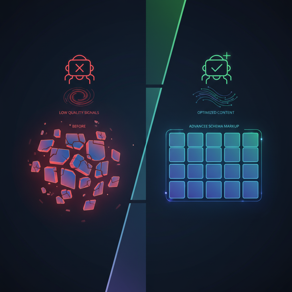 A magnifying glass highlighting a piece of content, with smaller icons representing schema markup codes (JSON-LD) and a warning sign for duplicate content.
