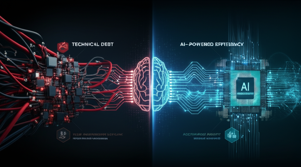 AI code refactoring process flow chart with code snippets and AI icons