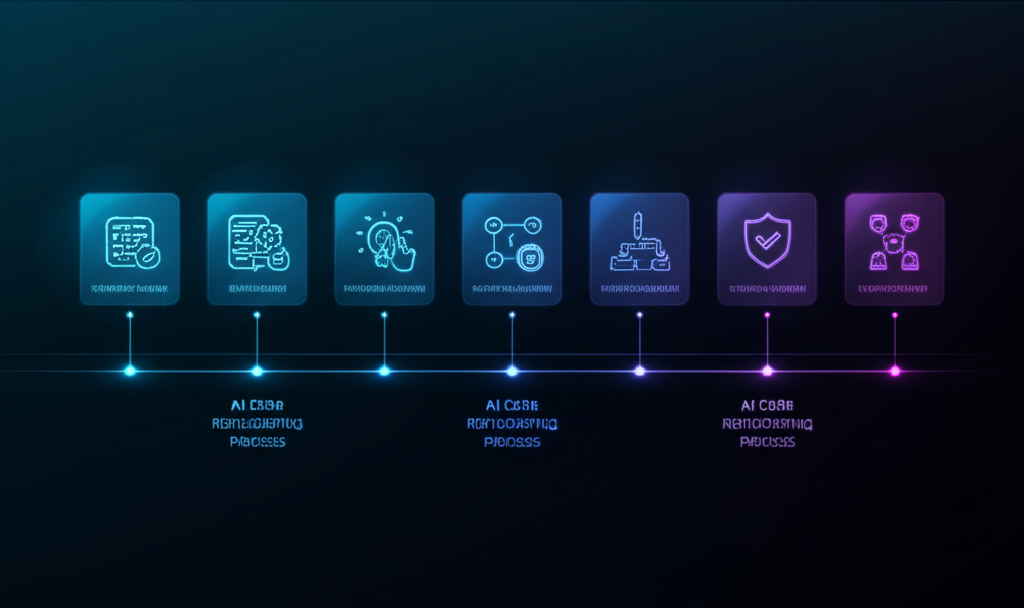 People collaborating around a whiteboard with AI code refactoring strategy elements like metrics, goals, and tools