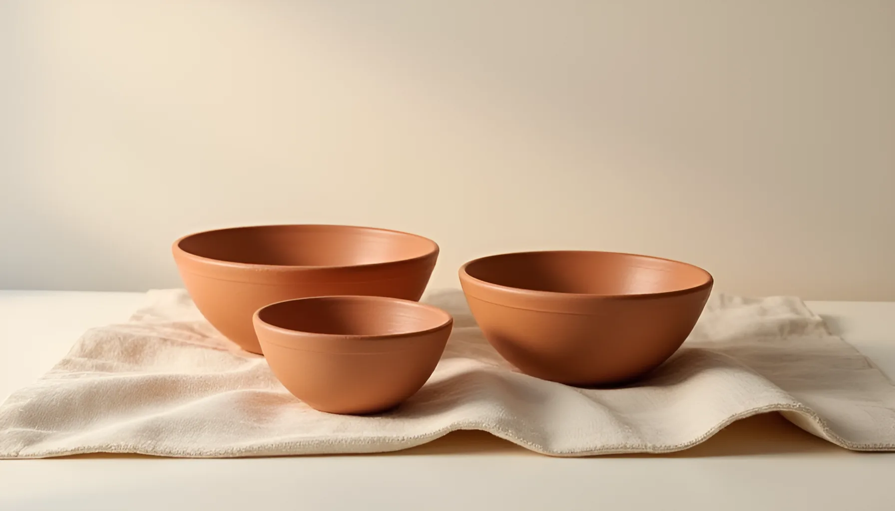밝은 배경 앞 흰 리넨 천 위에 놓인 무광 테라코타 그릇들