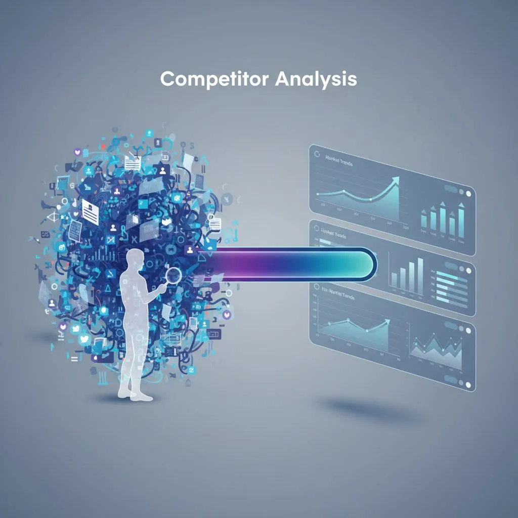 A futuristic digital magnifying glass analyzing a complex web of competitor data, with various data points like market share, social media mentions, and product features