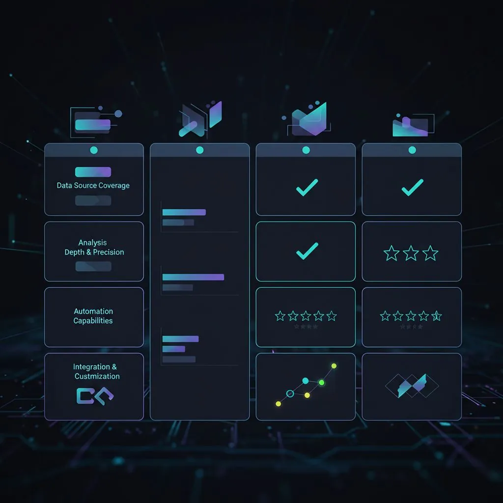 A user interface showing a comparison of three different AI competitor analysis tools, with features highlighted side-by-side