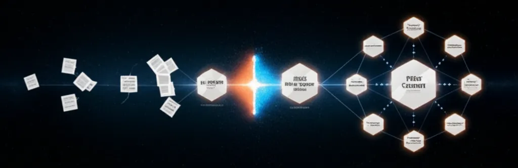 A futuristic cityscape with data streams flowing upwards, symbolizing the evolving digital landscape and SEO