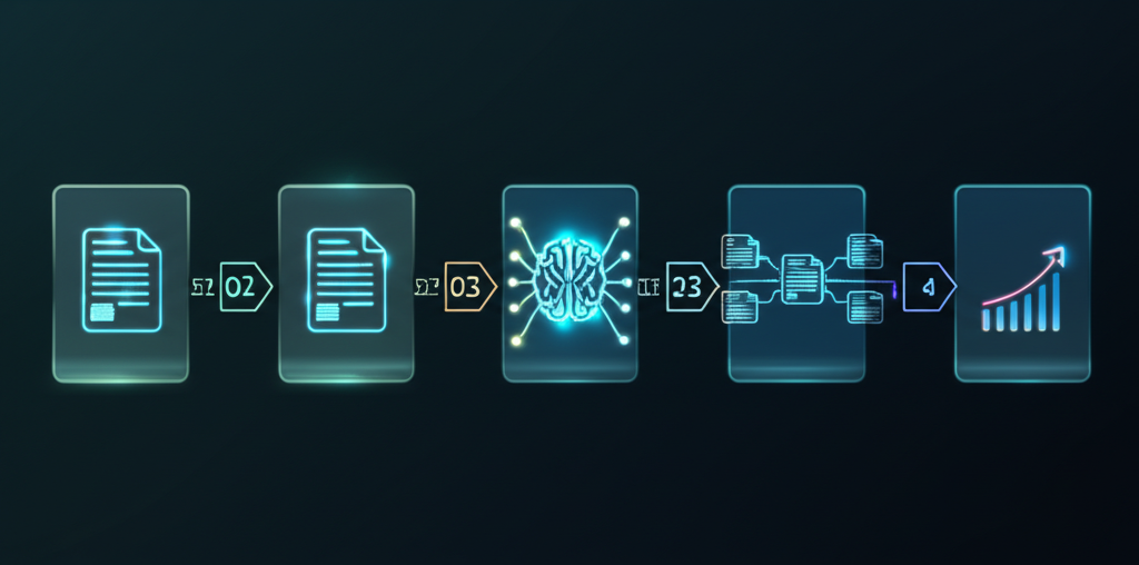 A flowchart showing a 7-step process for building an AI content cluster, with AI icons at each stage