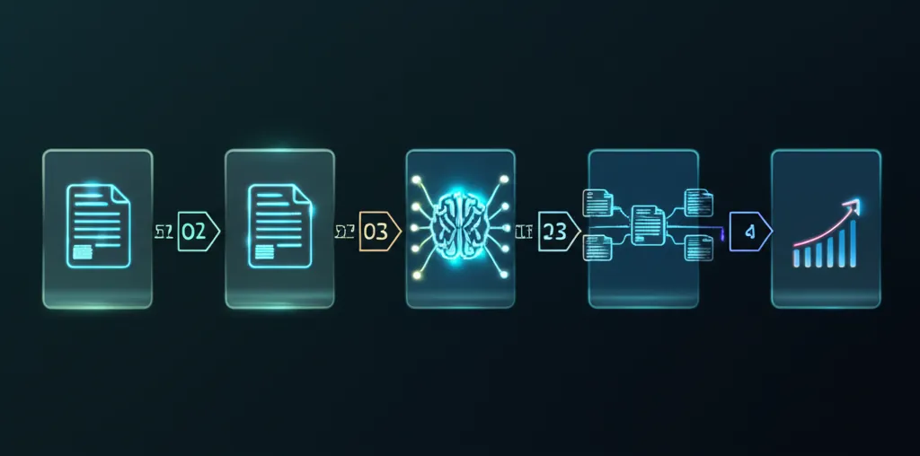 A flowchart showing a 7-step process for building an AI content cluster, with AI icons at each stage