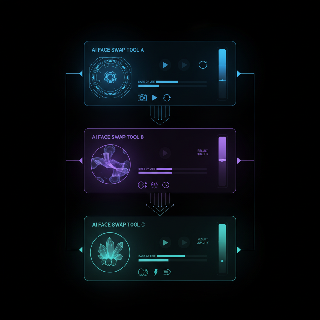 Deepswap.ai 웹사이트 인터페이스 - 얼굴을 바꾸는 과정을 보여주는 예시 이미지