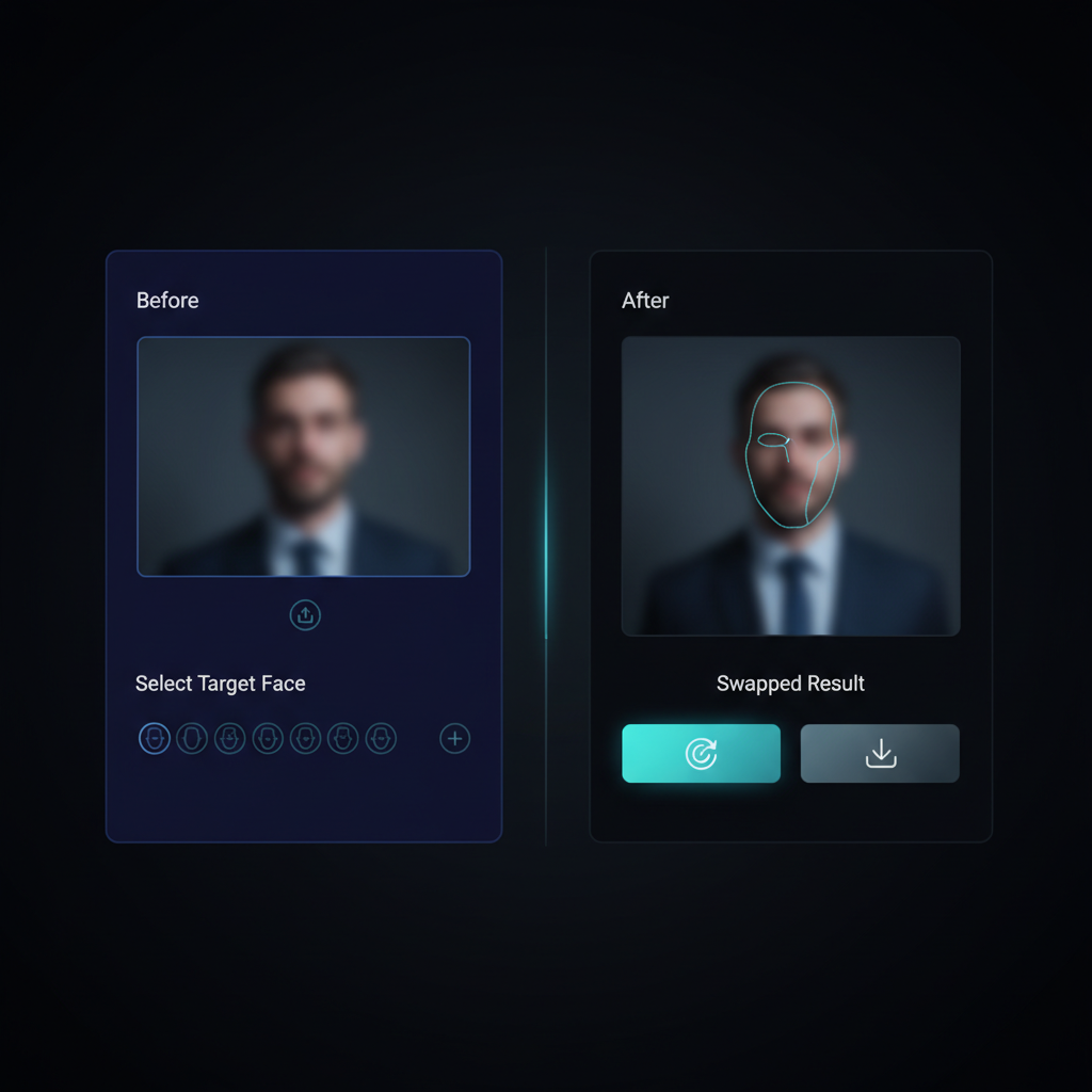 Remaker AI의 얼굴 바꾸기 기능 사용 화면 - 원본 사진과 합성된 얼굴이 나란히 표시된 예시