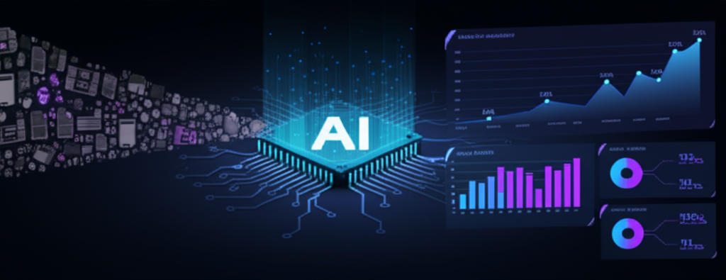 A person overwhelmed by data visualized as overlapping documents and screens, with an AI icon emerging as a solution