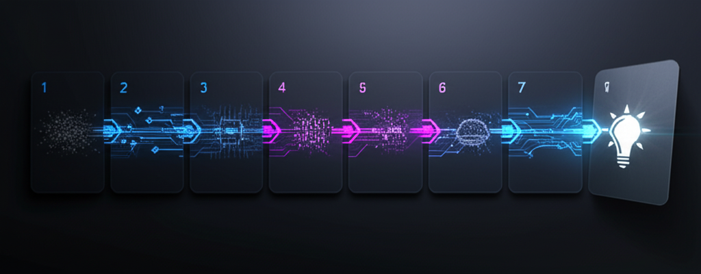 A step-by-step diagram showing the process of data input, AI processing, summarization, insight extraction, and decision making