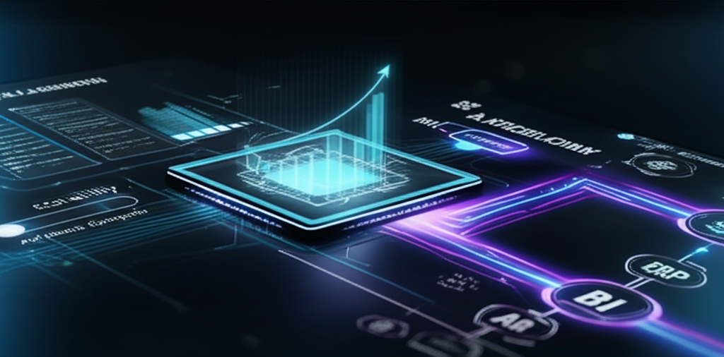 A person confidently presenting data insights derived from AI analysis, with a futuristic office background