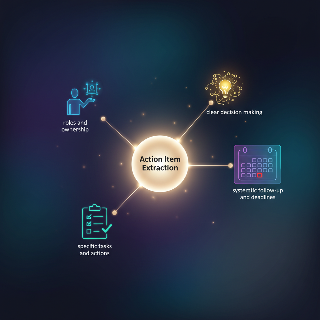 AI 회의록에서 액션 아이템을 추출하는 중요성을 시각적으로 표현한 다이어그램