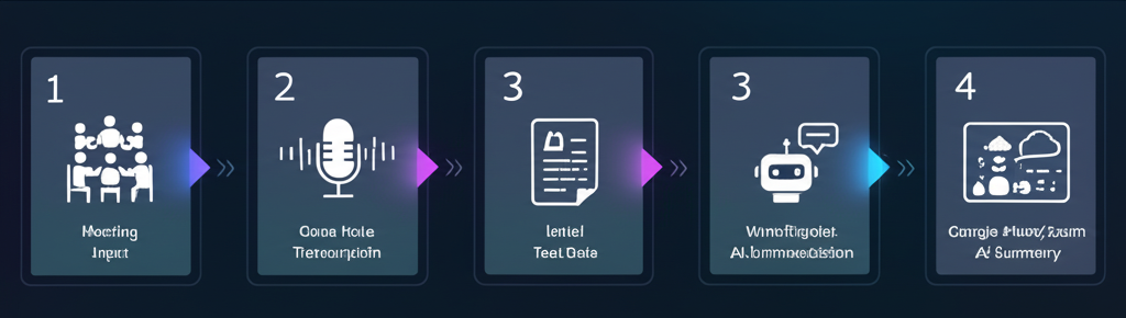 A seven-step infographic showing a clear workflow from meeting recording to final meeting minutes sharing, highlighting AI integration at each stage