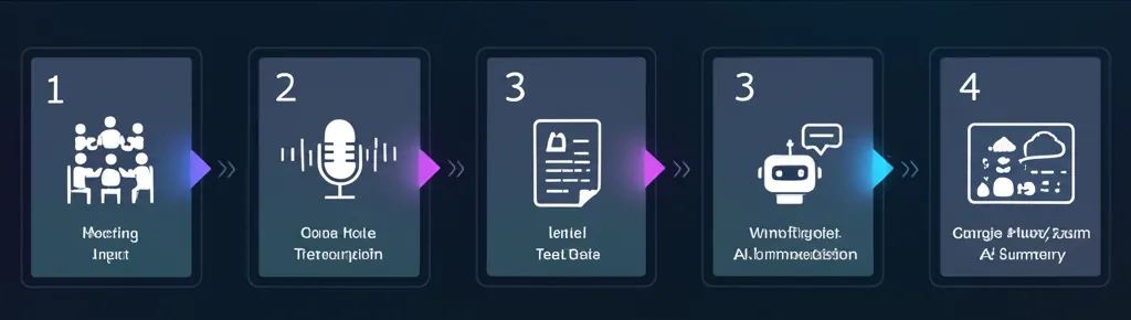A seven-step infographic showing a clear workflow from meeting recording to final meeting minutes sharing, highlighting AI integration at each stage
