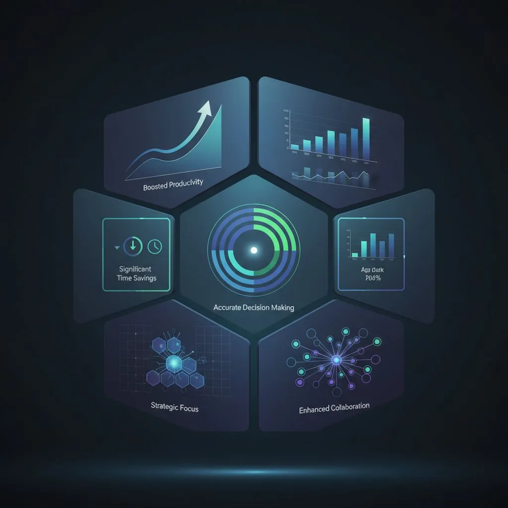 A diverse team collaborating around a smart table, where meeting notes and action items are dynamically projected and updated in real-time by an AI.