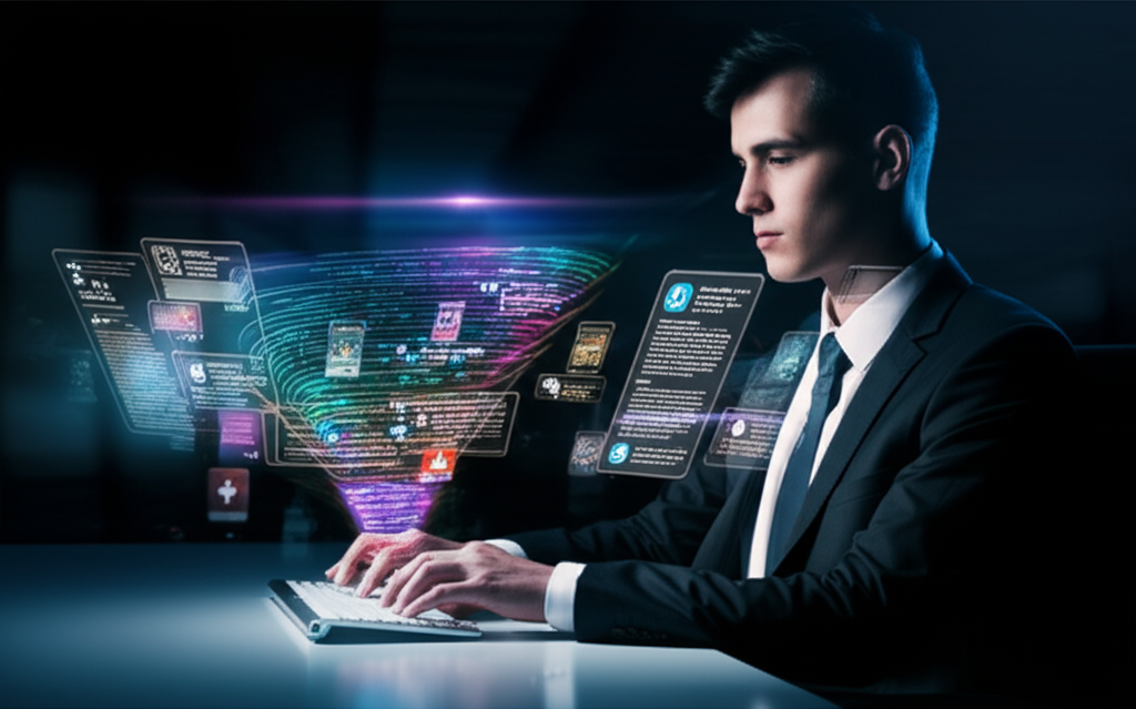 A futuristic desk setup with a holographic AI assistant helping a marketer generate content.