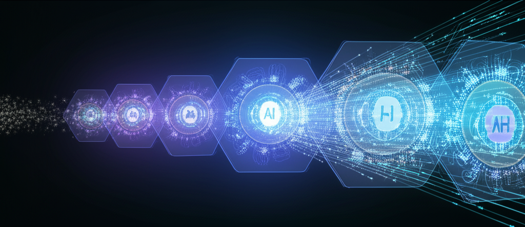 A digital cityscape with interconnected data flows and AI icons, symbolizing optimized business processes.