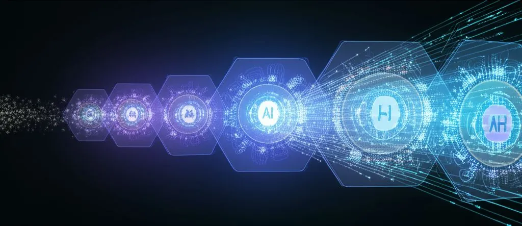 A digital cityscape with interconnected data flows and AI icons, symbolizing optimized business processes.