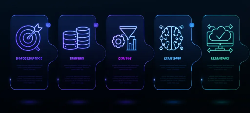 A detailed flowchart illustrating the step-by-step process of building an an AI predictive model, including data collection, preprocessing, feature engineering, model training, evaluation, and deployment, with arrows indicating flow.