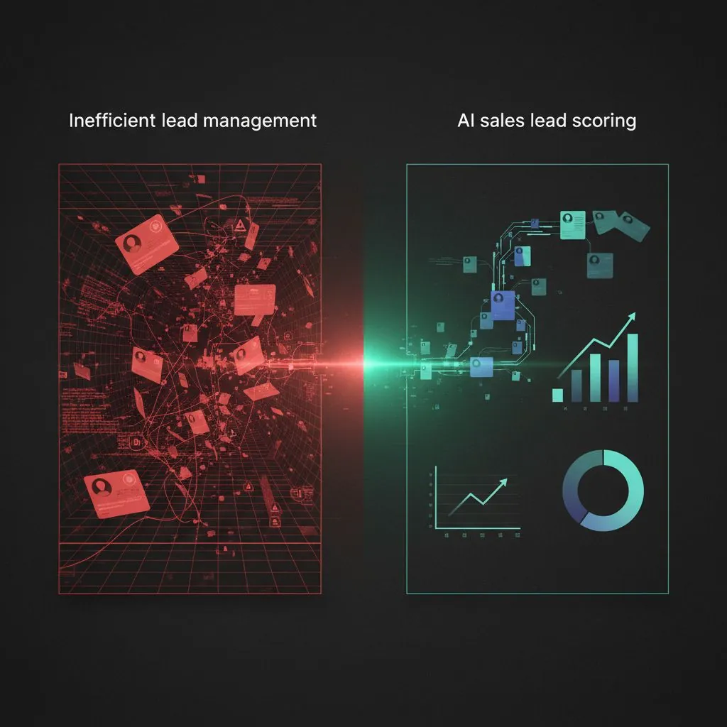 A digital dashboard showing lead scores, customer segmentation, and predictive analytics in a modern UI