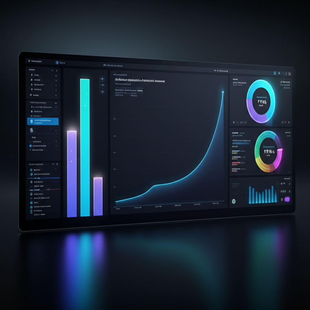 A data scientist analyzing various charts and graphs generated by an AI SEO platform, showing performance metrics and improvement suggestions