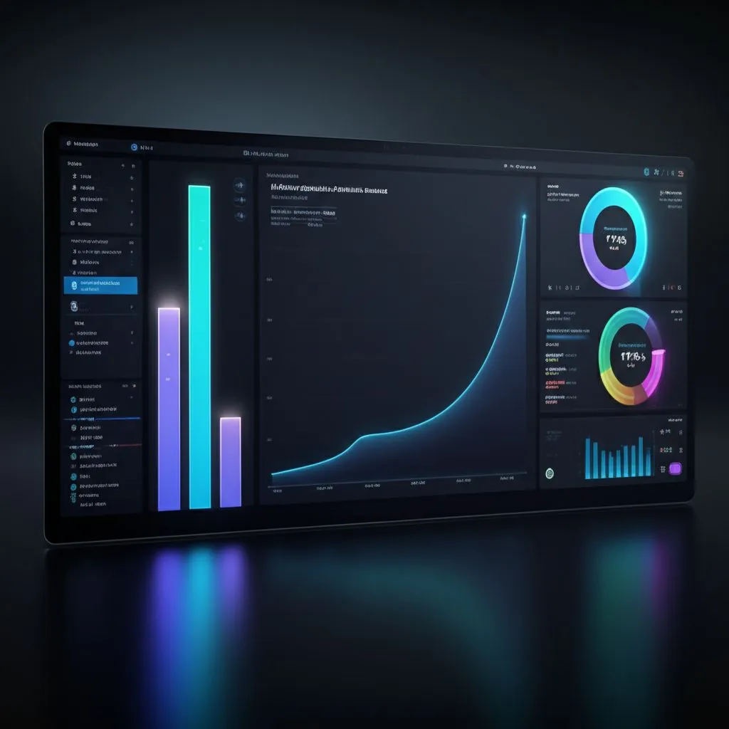 A data scientist analyzing various charts and graphs generated by an AI SEO platform, showing performance metrics and improvement suggestions