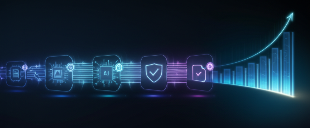 A person holding a tablet showing a growing revenue graph, with various monetization icons like ads, affiliate, and products floating around, suggesting AI-driven growth