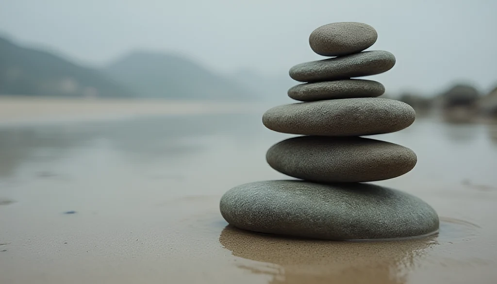 젖은 모래 위에 둥근 돌을 쌓아 올린 탑, 뒤로 흐릿한 산과 물과 뿌연 하늘, 차분한 확산광, 규칙이 층층이 얹히는 구조를 은유한 이미지