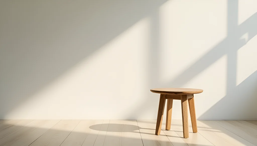 밝은 실내에서 흰 벽에 창틀 그림자가 비스듬히 드리우고 나무 바닥 위에 원형 상판의 나무 스툴이 놓인 장면, 사람이 없는 조용한 공간, 실행되지 않고 비워 둔 하루를 은유한 이미지