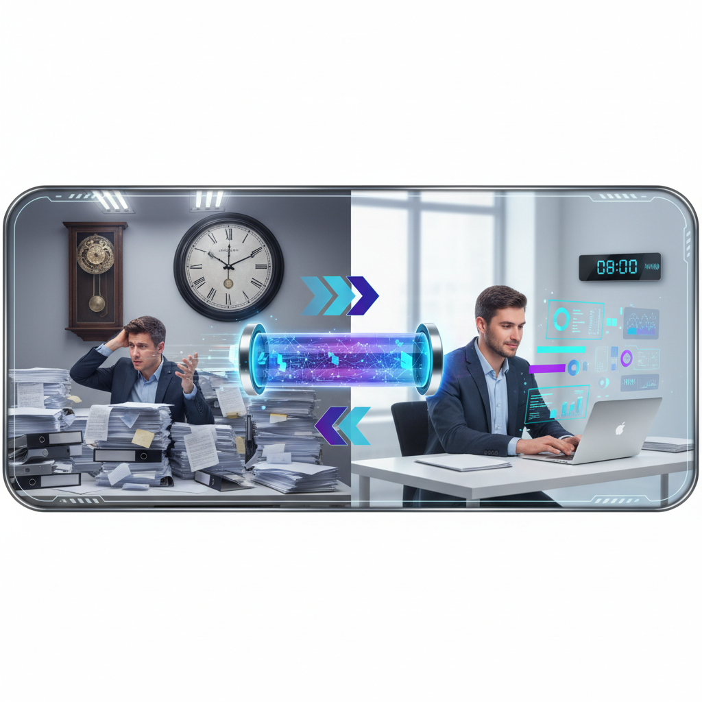 Busy person looking overwhelmed by stacks of reports, with a faint glow of AI suggesting a solution