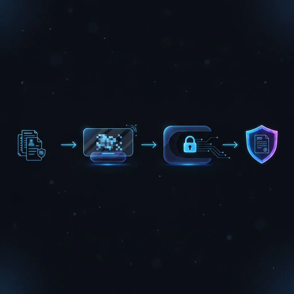 A person reviewing security protocols on a computer screen, with a lock icon overlaid on data