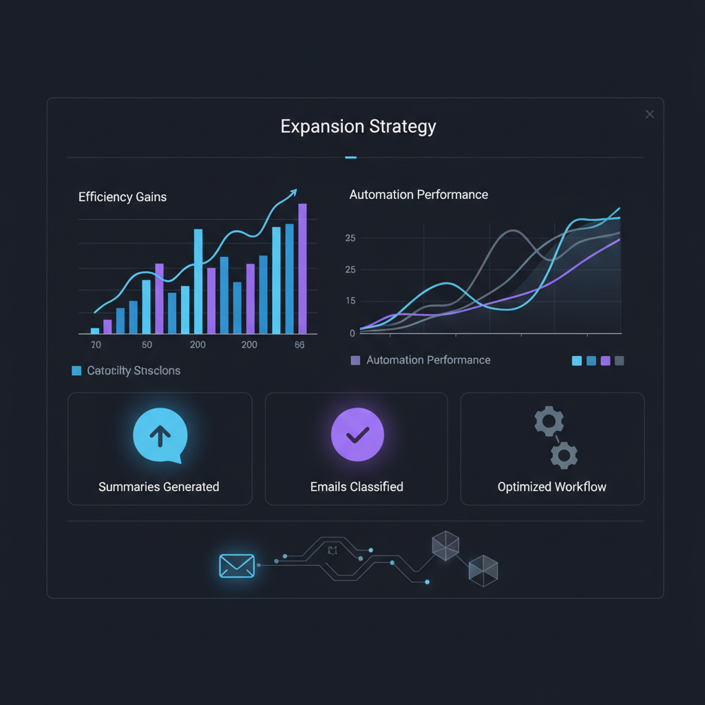 A dashboard showing various summarized reports and key metrics, with AI elements suggesting efficiency