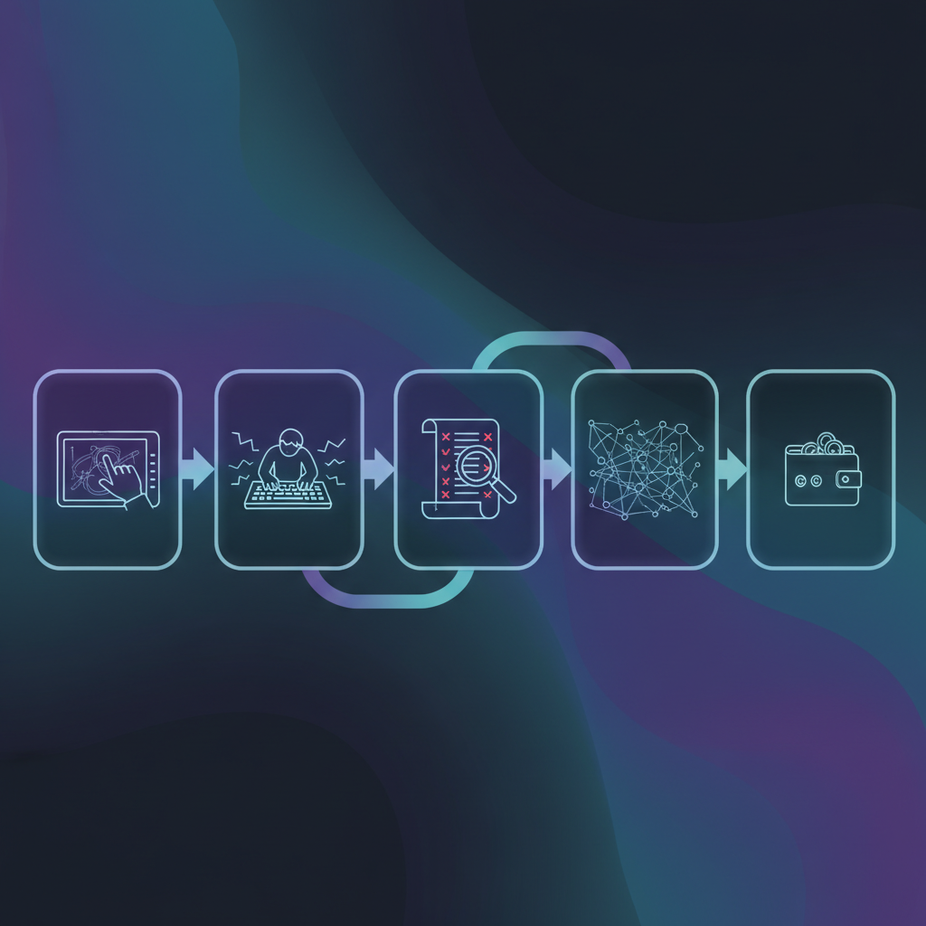 A futuristic illustration showing AI robots generating content and money flowing, symbolizing automated revenue