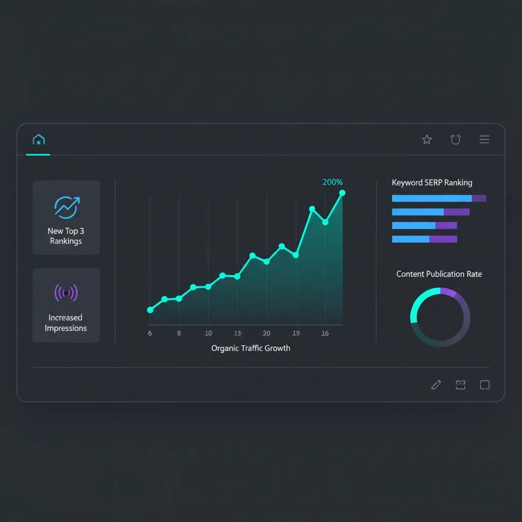 A dashboard view showing various integrated tools (ChatGPT, CMS, analytics), representing a streamlined automation setup