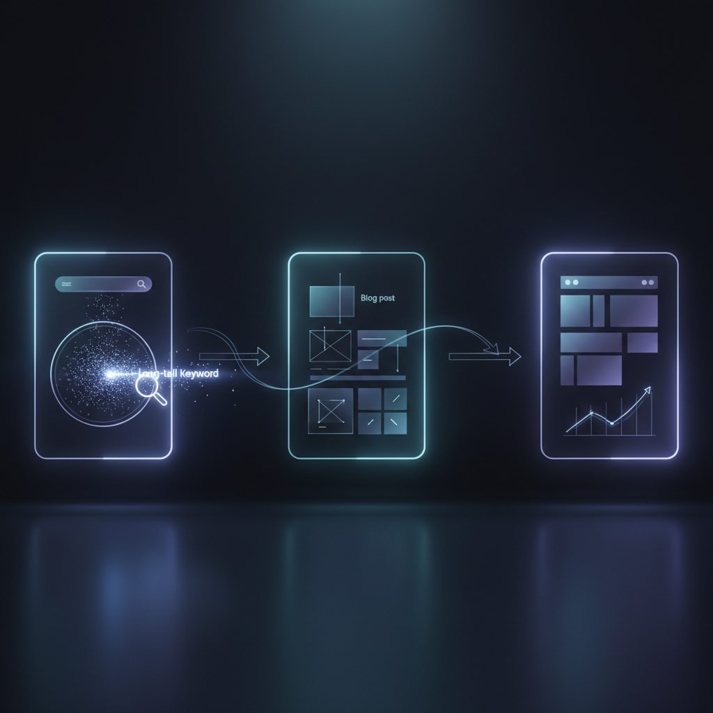A digital mind map or cluster of interconnected keywords and topic bubbles, illustrating the concept of long-tail keywords and content clusters.