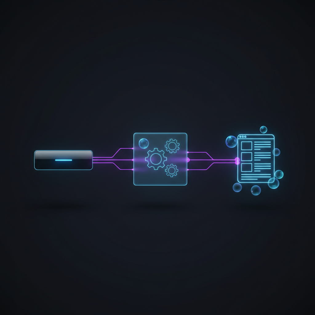 A robot hand typing on a laptop keyboard, symbolizing AI-powered content generation, with code and text snippets floating around.