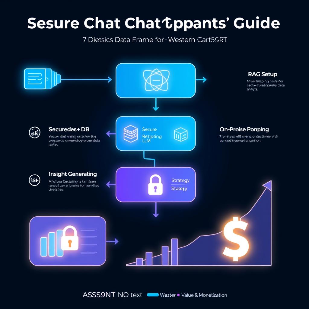 A network diagram showing data flow from enterprise data storage to a secure RAG system, then to a private LLM, ensuring no external leakage