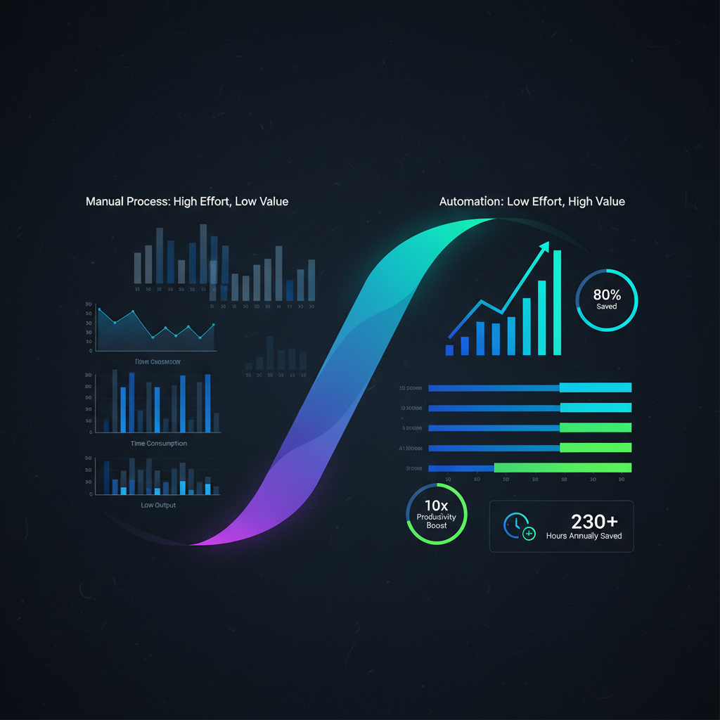 A professional looking at a laptop screen showing a ChatGPT interface next to an Excel spreadsheet, with charts and data visualizations indicating efficiency.