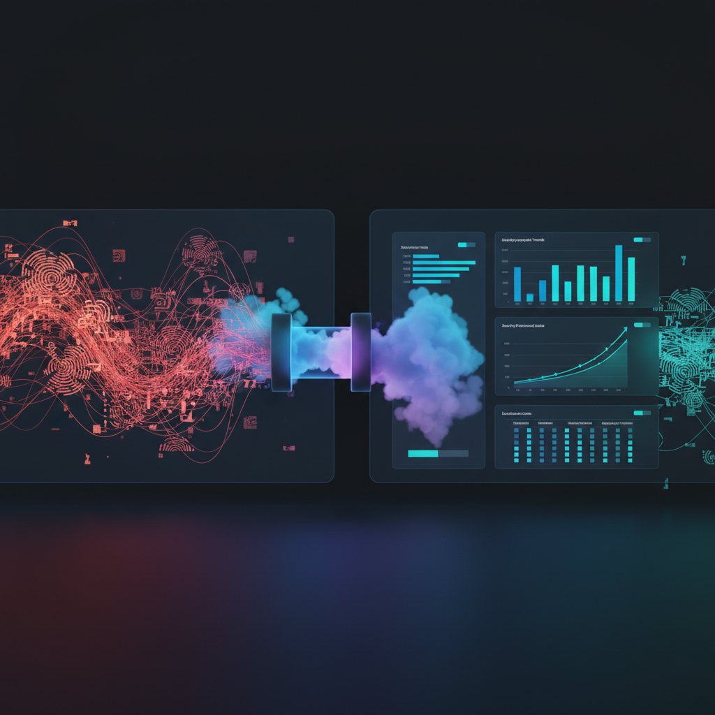 A thought bubble over a person's head showing a warning icon, next to a spreadsheet with blurred sensitive data, emphasizing data security.