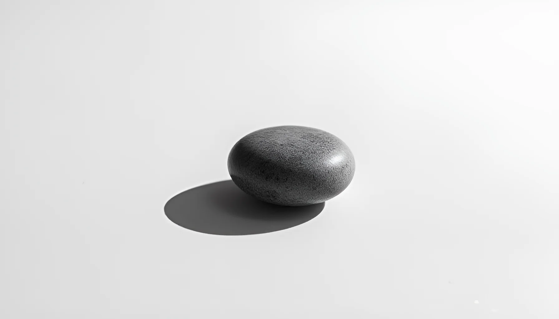 거친 질감의 매끄러운 회색 돌이 흰 바닥에 놓이고 그림자가 옆으로 길게 드리운 흑백 정물, 같은 사안을 다르게 적은 기록을 은유한 이미지