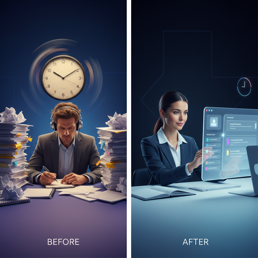 A professional in a modern office, wearing a headset, looking at a screen displaying a text transcription of an audio file, with AI icons subtly integrated.