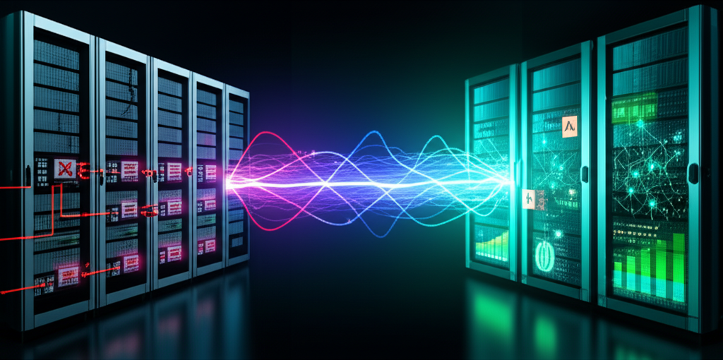 Diagram showing a modern GenAI microservice interacting with a complex legacy system through an API gateway