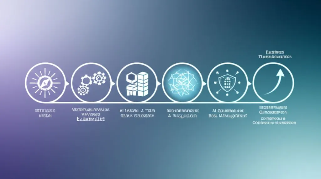 A futuristic office environment with various business workflows visually interconnected by glowing AI network lines.