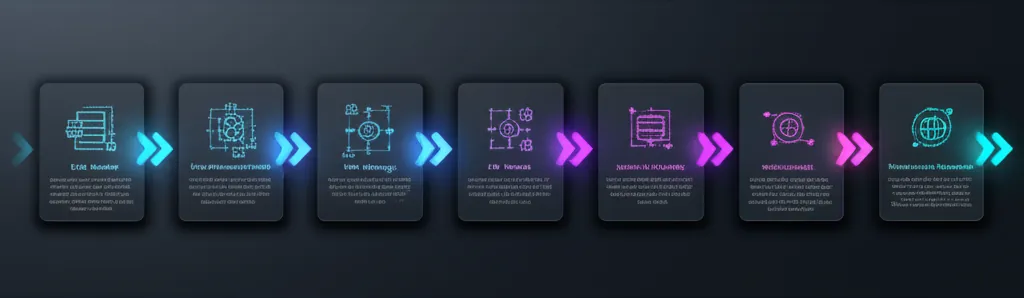 A detailed flowchart showing 7 distinct steps for building an LLM-based knowledge system, with arrows indicating progression from planning to optimization.